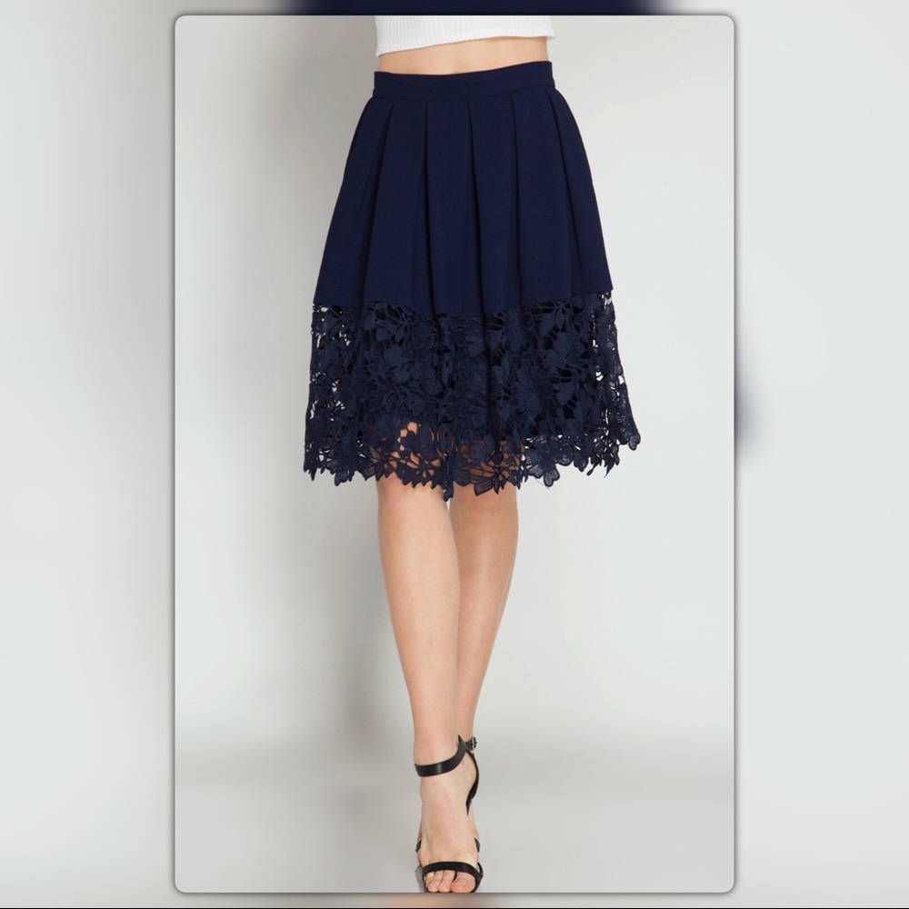 Navy Midi Skirt with Floral Crochet